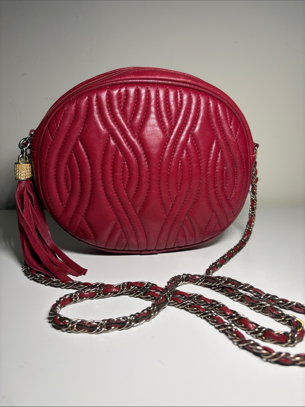 Red leather Vintage Quilted Oval Crossbody Bag with Tassel